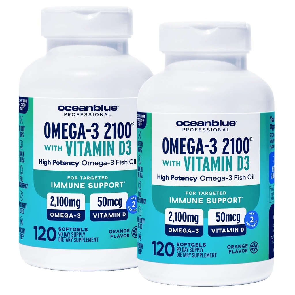 Oceanblue Professional Omega-3 2100 Vitamin D3 ile - 120 ct - 2pack - Triple Strength Burpless Fish Oil Supplement with High-Potency EPA, DHA, DPA ve Vitamin D3 – Wild-Caught – Orange Flavor