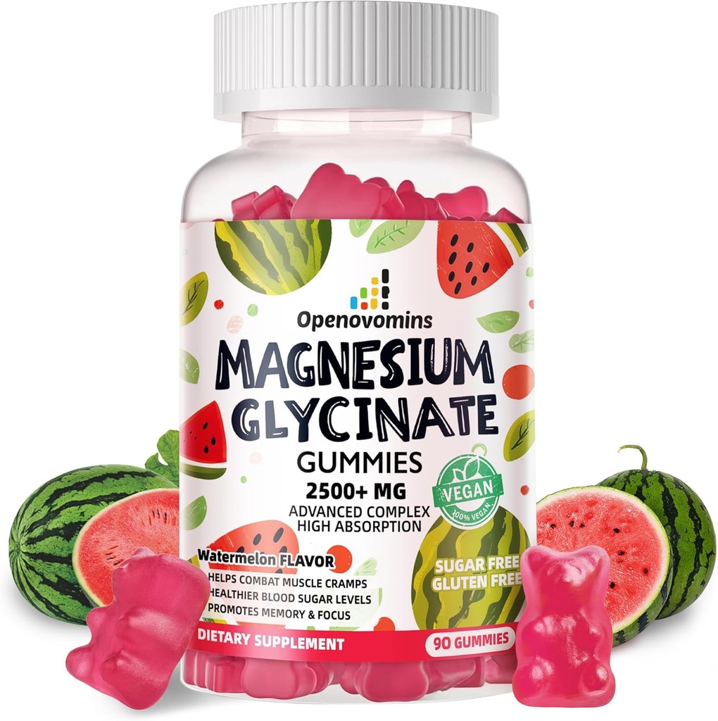 Γλυκινικό Μαγνήσιο Glycinate Gummies 2500mg - Συμπλήρωμα χωρίς ζάχαρη Μαγνήσιο Κάλιο με βιταμίνη D, B6, CoQ10 για την υποστήριξη ηρεμίας & ύπνου - 90 Καρπούζια