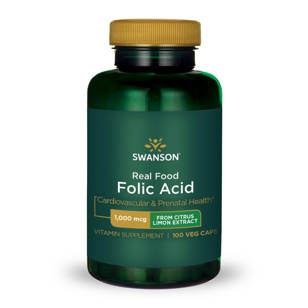 Swanson Real Food Folic Acid Folate Vitamin B-9 Cardiovascular Citrus Limon Ekstraksiyon Vegan Gluten-Free Non-GMO B9 1000 mcg 100 Veggie Capsules (Caps)