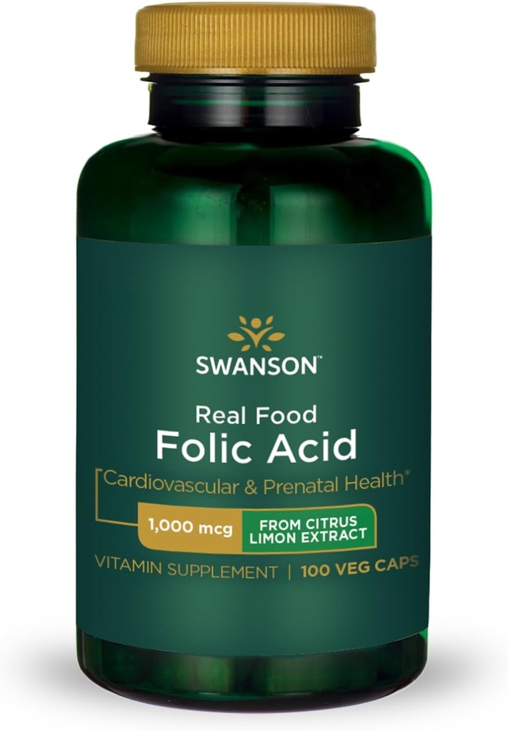 Swanson Real Food Folic Acid Folate Vitamin B-9 Cardiovascular Citrus Limon Ekstraksiyon Vegan Gluten-Free Non-GMO B9 1000 mcg 100 Veggie Capsules (Caps)