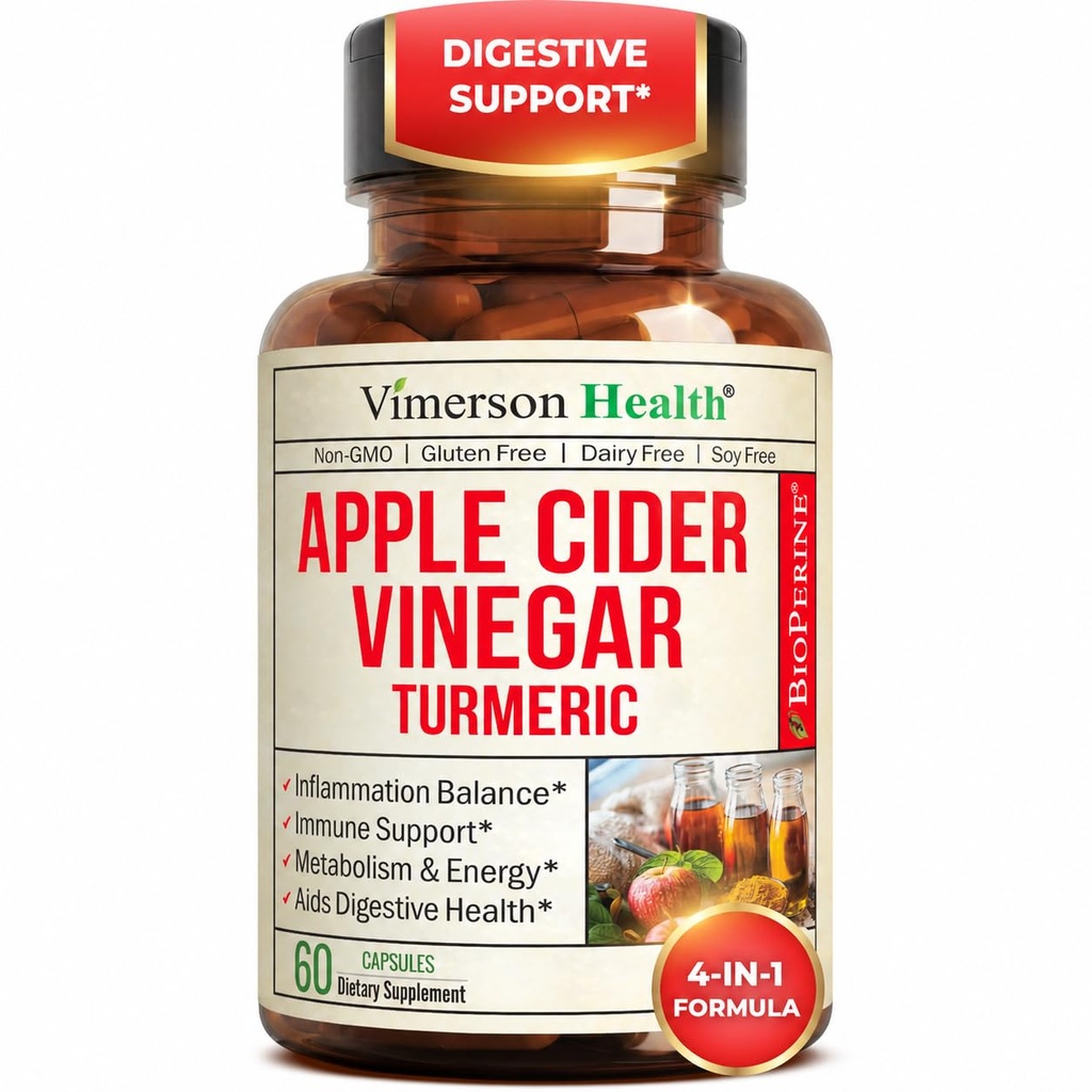 Organik Apple Cider Vinegar ile Turmeric Curcumin Supplement & Ginger for Digestive Health, Metabolism, Enerji ve Ortak Destek - Organik Turmeric & Apple Cider Vinegar Capsules 60 Vegan Non-GMO Caps