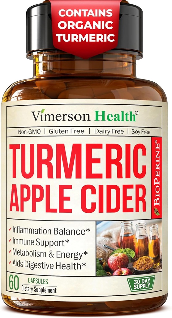 Organik Apple Cider Vinegar ile Turmeric Curcumin Supplement & Ginger for Digestive Health, Metabolism, Enerji ve Ortak Destek - Organik Turmeric & Apple Cider Vinegar Capsules 60 Vegan Non-GMO Caps