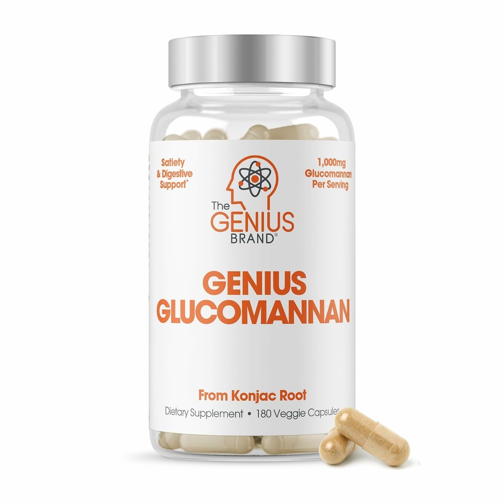 The Genius Brand Geneius Glucomannan - Glucomannan Κάψουλες για την Digestive Υγεία, Ενέργεια & κορεσμό Υποστήριξη - Φυσικές Ίνες για το Στομάχι Comfort - Μη ΓΤΟ & Vegan - 180 Κάψουλες Veggie