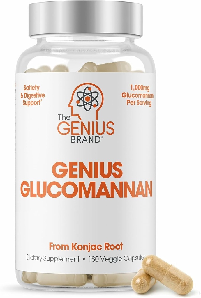 The Genius Brand Geneius Glucomannan - Glucomannan Κάψουλες για την Digestive Υγεία, Ενέργεια & κορεσμό Υποστήριξη - Φυσικές Ίνες για το Στομάχι Comfort - Μη ΓΤΟ & Vegan - 180 Κάψουλες Veggie