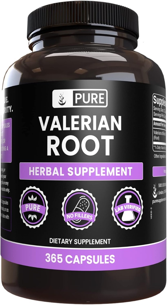 PURE ORIGINAL INGREDIENTS Valerian Root (365 Capsules) Magnezyum Or Rice Fillers, Always Pure, Lab TY