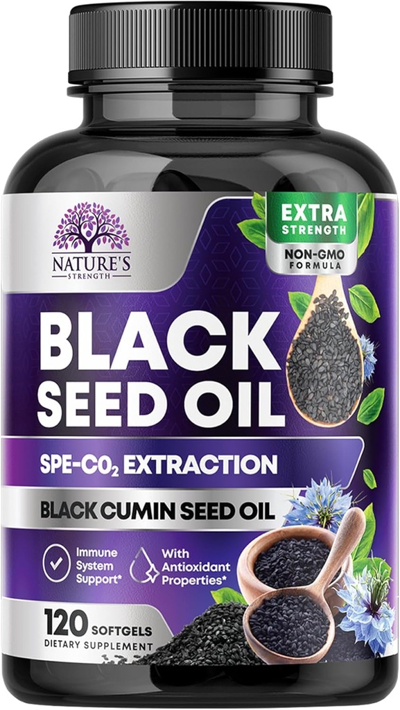 Black Seed Oil Capsules 1000 mg with Thymoquinone - Pure Nigella Sativa for Skin Health & Immune Support, 100% Blackseed Oil, Amazing Ekstra Soğuk Baskılanmış Siyah Cumin Tohumu - 120 Softgels