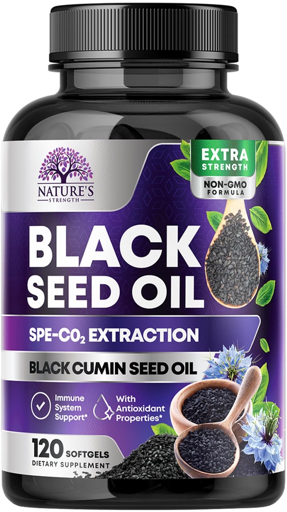 Black Seed Oil Capsules 1000 mg with Thymoquinone - Pure Nigella Sativa for Skin Health & Immune Support, 100% Blackseed Oil, Amazing Ekstra Soğuk Baskılanmış Siyah Cumin Tohumu - 120 Softgels