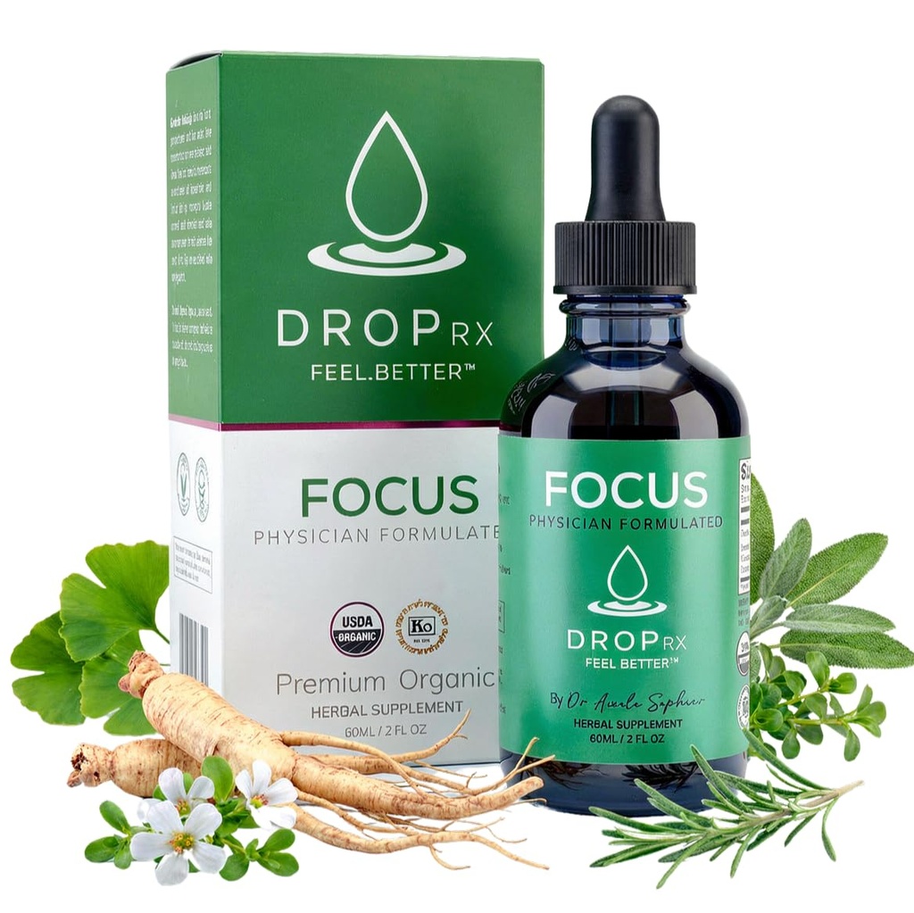 DropRx Focus by Dr. Nicole Saphier – Ginkgo Biloba & Ginseng, Bacopa, Rosemary & Sage for Memory Improvement and Brain Focus – Organic, Non-GMO, Vegan, Gluten-Free, Kosher, USA (2 Fl Oz)