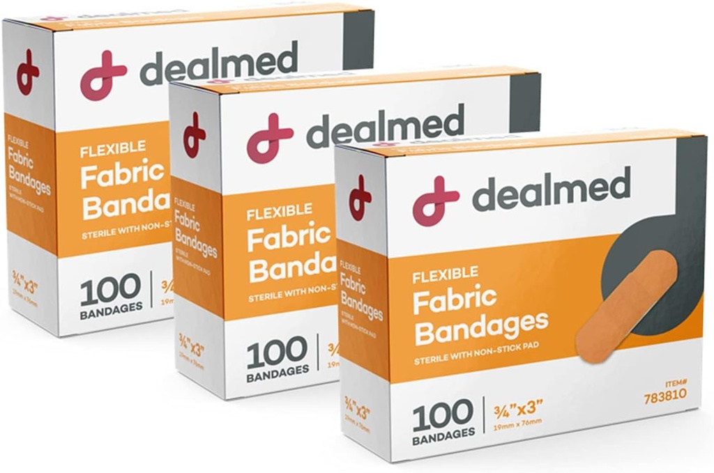 Dealmed Fabricflex yapıştırıcısı - 100 Count (3 Pack) İlk Yardım Kit için Geçx Ücretsiz, Yara Bakımı, 3" x 3" x 3"