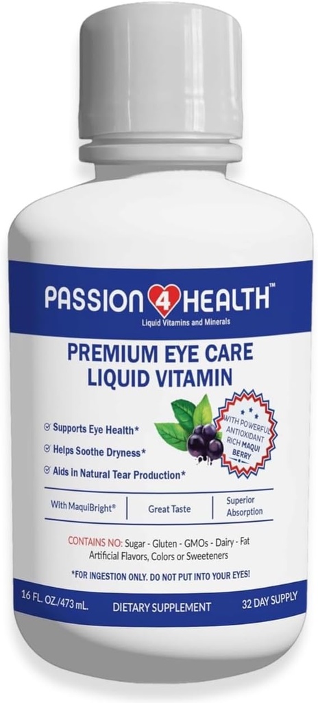 Passion 4 Health Liquid Eye Vitamins - Natural Vision & Adult Eye Care Supplement - Maqui Berry Extract, Gluten-Free, Non-GMO, No Sugar - 30-Day Supply, Made in USA