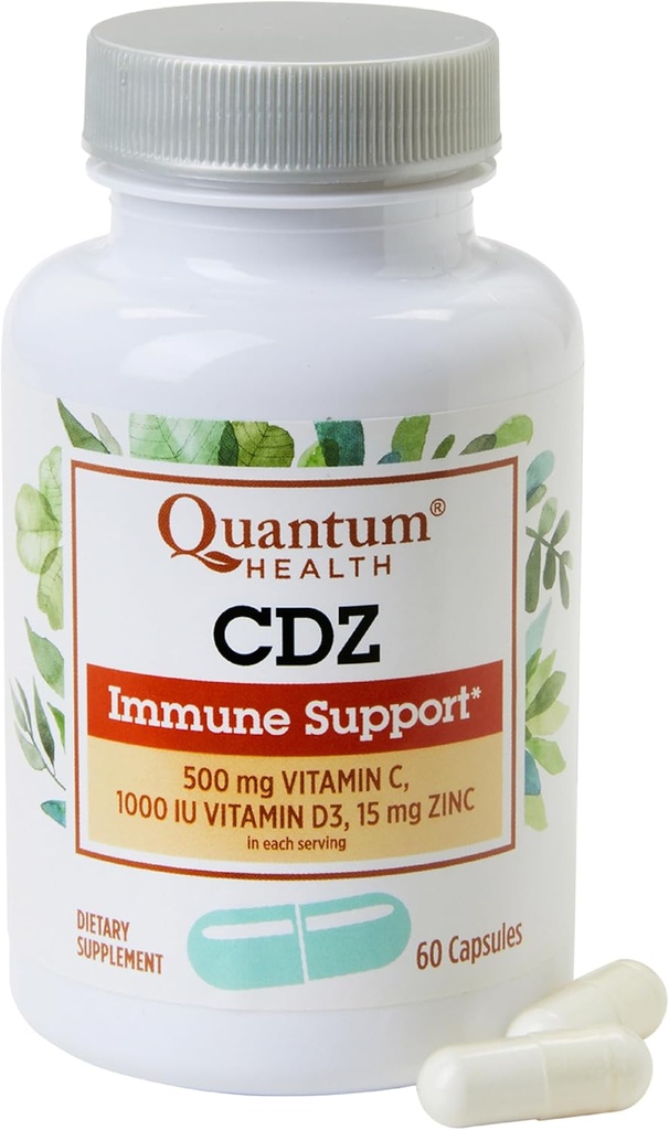 Quantum Health CDZ Immune Support Supplement Vitamin C 500 mg, Vitamin D 1000 IU Plus Zinc 15 mg Ισχυρό Συγκρότημα Υποστήριξης Ευεξίας Σώματος - Καθημερινή Ανοσία Ενίσχυση για Γυναίκες & Άνδρες - 60 Κάψουλες