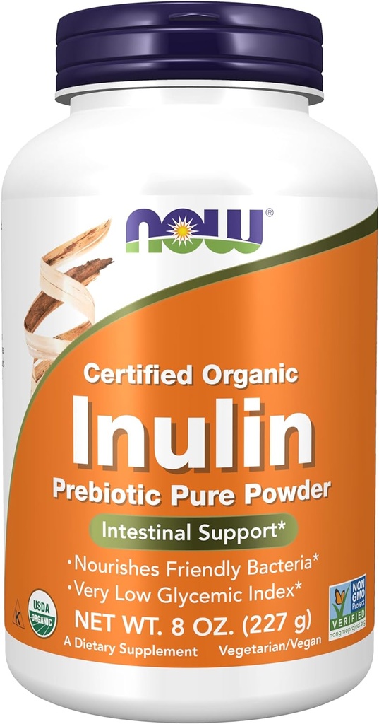 NOW Συμπληρώματα Τροφίμων, Inulin Prebiotic Pure Powder, Certified Organic, Non-GMO Project Επαληθευμένο, Εντερική Υποστήριξη*, 8-Ounce