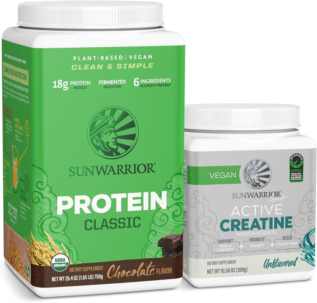 Sunwarrior Brown Rice Protein Toz Plant-Based | Chocolate 30 Kres & Kretine Monohidrat Toz | Micronized Unflavored, 60 Servisler
