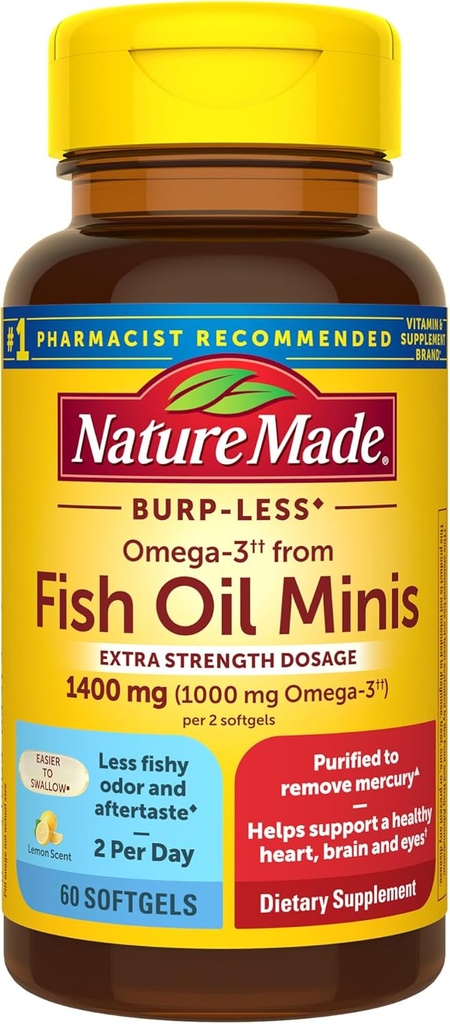 Nature Made Extra Strength Burp Less Fish Oil Omega 3 Supplements 1400 mg Minis, Omega 3 Fish Oil As Ethyl Esters for Health Heart Brain Eyes Support, 60 Softgels, 30 Day Supply