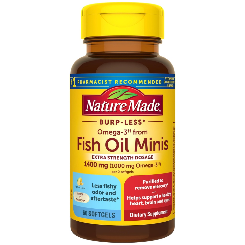 Nature Made Extra Strength Burp Less Fish Oil Omega 3 Supplements 1400 mg Minis, Omega 3 Fish Oil As Ethyl Esters for Health Heart Brain Eyes Support, 60 Softgels, 30 Day Supply
