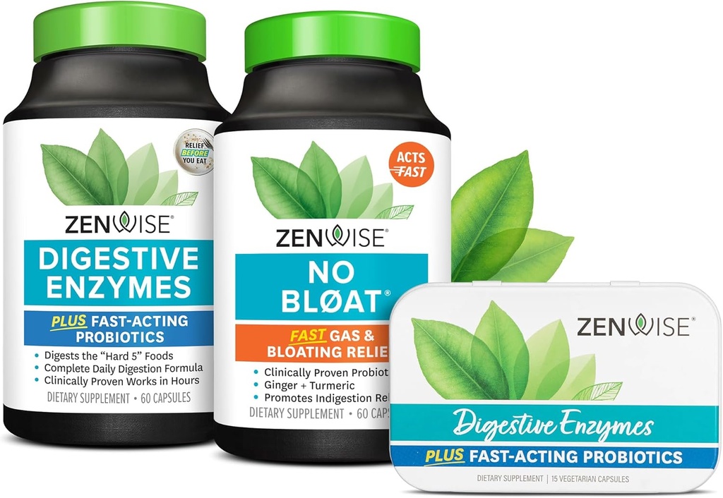 Zenwise Health Bliss Sche Digestive Enzymes + No Bloat + Free Travel Tin - pre and Post Meal Digestive Routine with Principles and probiyotiks for Digestion
