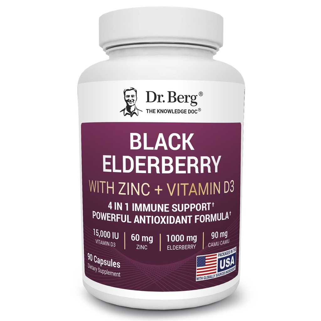 Dr. Berg Black Elderberry Capsules (Advanced Immune Support*) 15,000 IU Vitamin D, 60 mg of çinko, & 90 mg of Camu Camu - (4-in-1) Sambucus Elder Immune Support Supplement - 90 Capsules