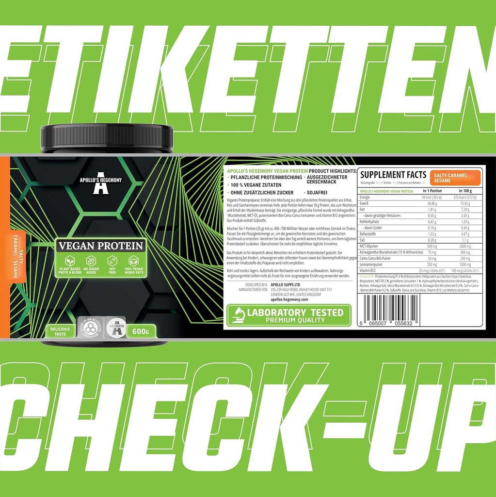 APOLLO'S HEGEMONY Vegan Protein 600g: Πρωτεΐνες με βάση τα φυτά με μπιζέλια, ρύζι και μαγιά - Πλούσια σε Αμινοξέα - 24 Μερίδες - Χωρίς ζάχαρη και Ενισχυμένη με βιταμίνη Β12, Σουσάμι Γεύση