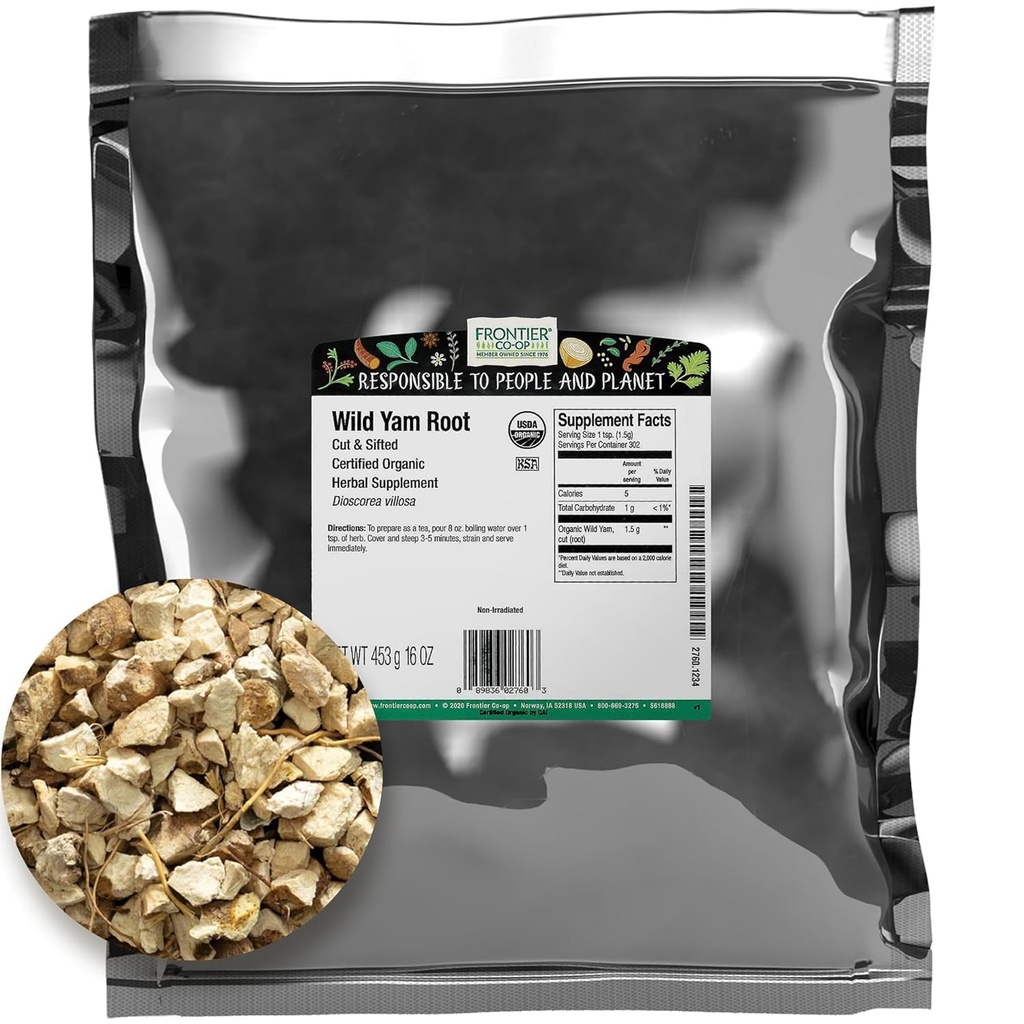 Frontier Co-op Wild Yam Root, Cut and Sifted, Certified Organic, Kosher | 1 lb. Bulk Bag | Dioscorea villosa L.