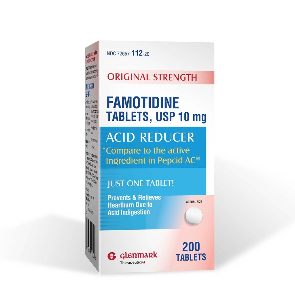 Glenmark Treatments Original Strength Famotidine Tabletleri, 10 mg, Heartburn Yardımı için asit tayini, 200 Kont