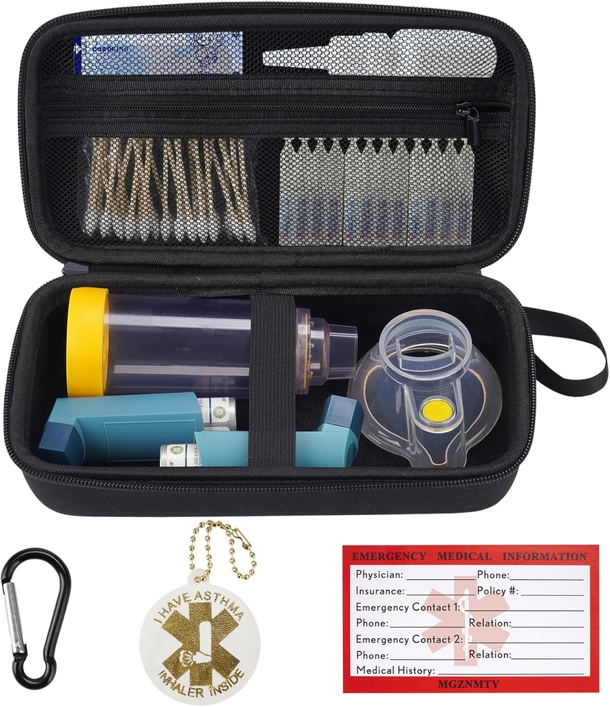 MGZNMTY Seyahat Yetişkin ve Çocuklar için Asthma Inhaler Spacer ile Uyumlu Vakayı Gerçekleştirmek, Maskeler, Inhalerlen Asthma Alert Tag ve Medical Card, Carabiner (Sadece Case) (Black)
