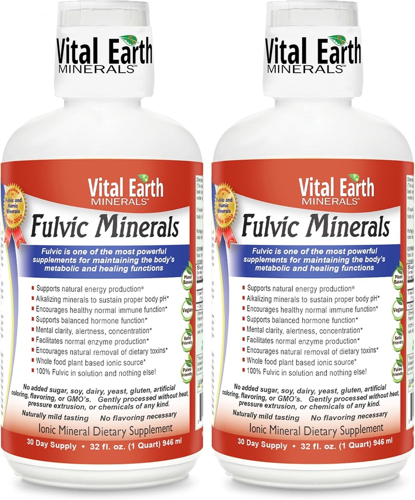 Vital Earth Minerals Fulvic Minerals Sıvı - Fulvic asit Supplement with 70+ Trace Minerals, Electrolytes for Energy & Vitality, 32 Oz Ea + 1 Oz Cup