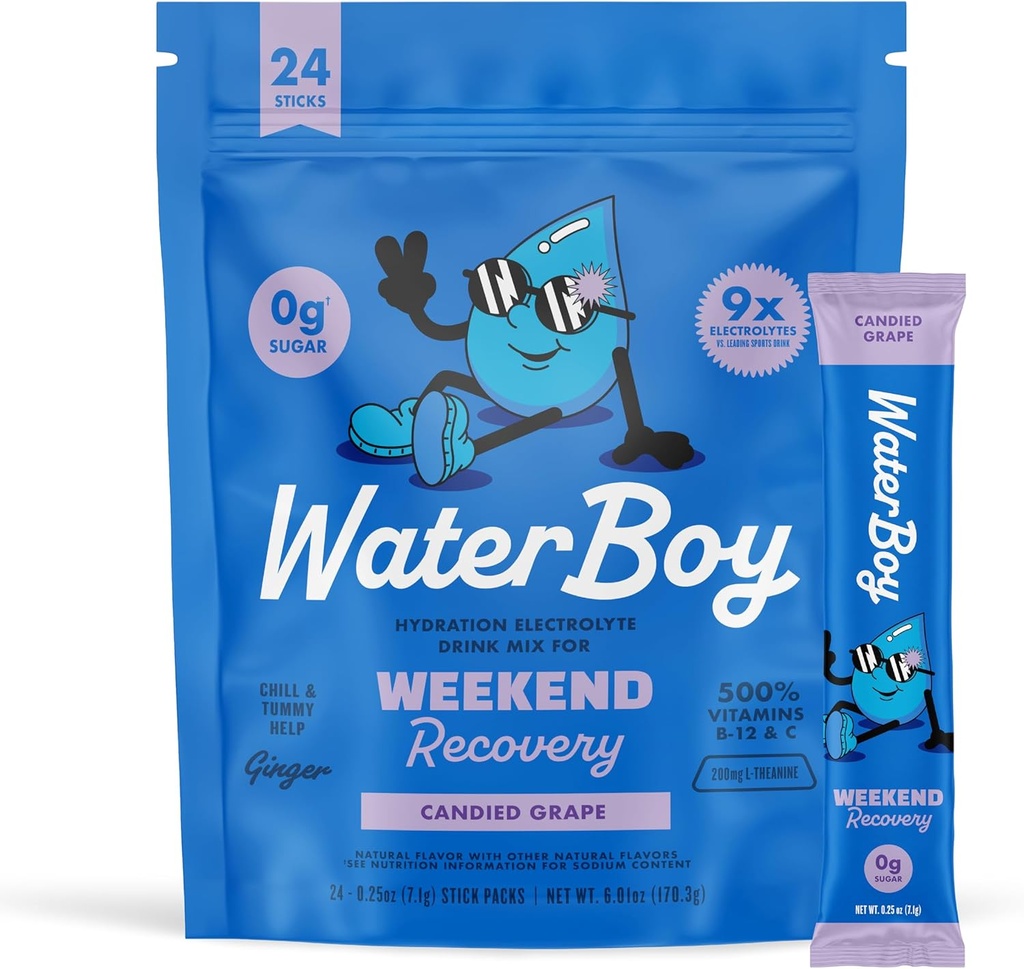 Waterboy Weekend Recovery | 3,187 mg Electrolyte Toz Paketleri | Ginger + L-Theanine + Vitaminler | No Sugar, All Natural, Gluten Free | 24 Iklim Mixes (Grape)