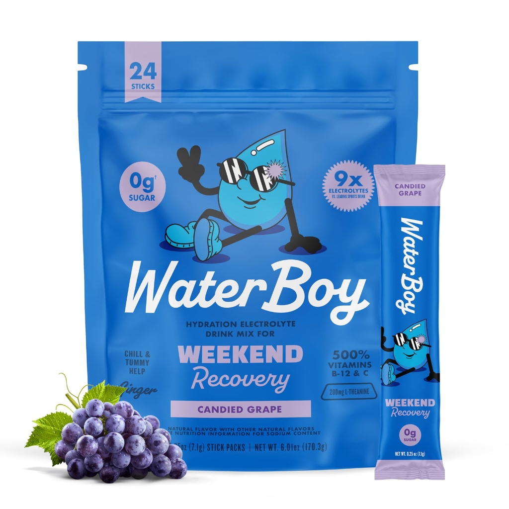 Waterboy Weekend Recovery | 3,187mg Electrolyte Powder Packets | Ginger + L-Theanine + Vitamins | No Sugar, All Natural, Gluten Free | 24 Drink Stick Mixes (Grape)