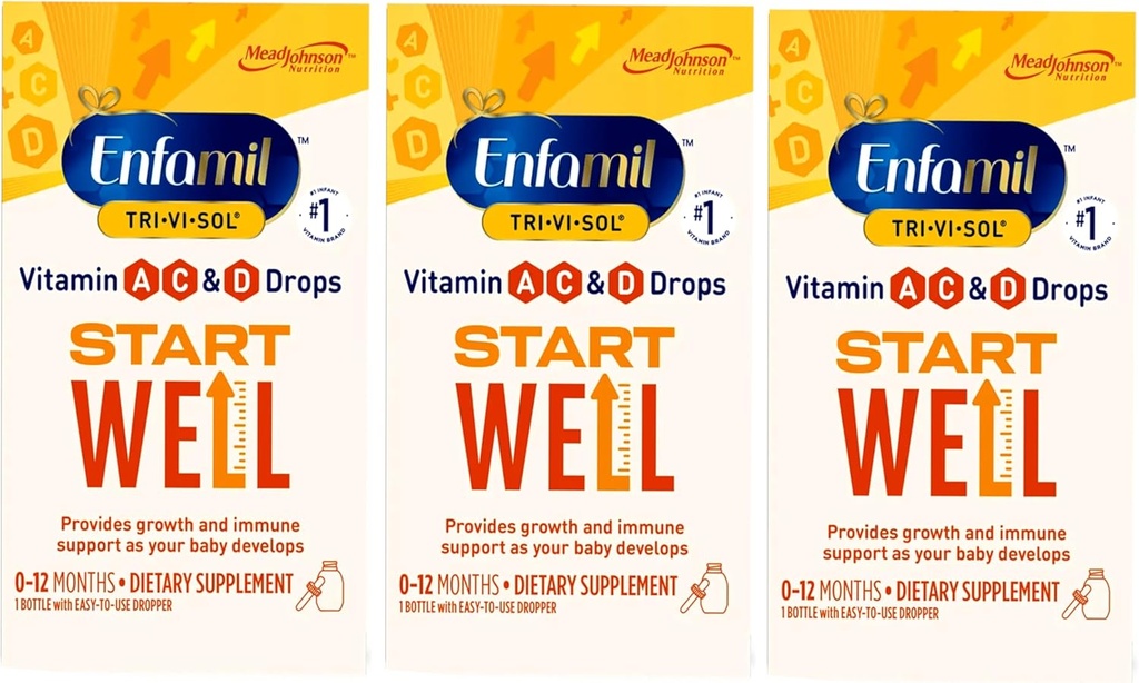 Enfamil Tri-Vi-Sol Vitamin A, C & D Drops for Infants 0-12 Aylar, Büyüme ve Immune Support Diyetary Supplement, 1 Şişe in Dropper (Paket of 3)