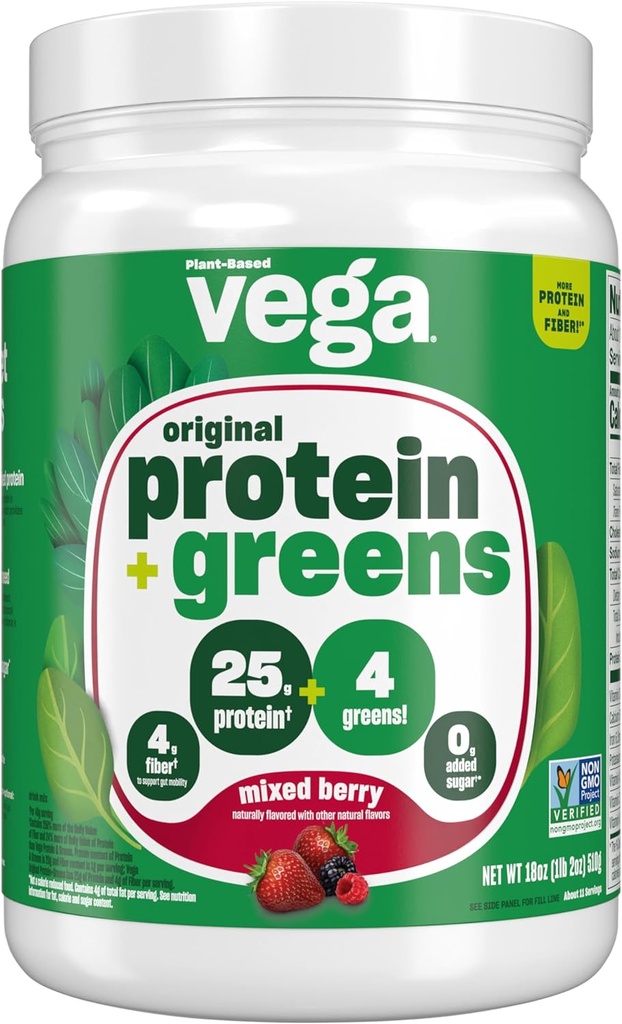 Vega Protein ve Yeşiller Protein Toz Karma Berry (11 Hizmetler) 25g Plant Temel Protein Plus Veggies, Vegan, Non-GMO, Pea Protein for Women and Men, 1.2lbs