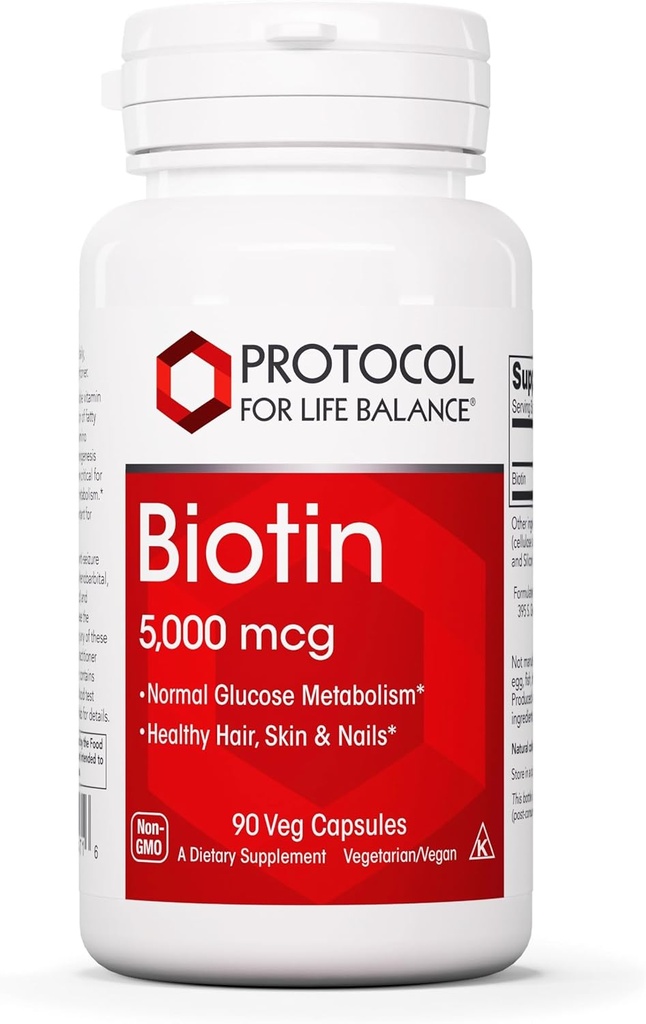 PROTOCOL FOR LIFE BALANCE Biotin 5.000 Live - Vitamin B7 Supplement - Saç, Skin, Nails Desteği - Carb Metabolism & Hücre Büyümesi - Biotin Vitamin B Capsules - 90 Veg Caps