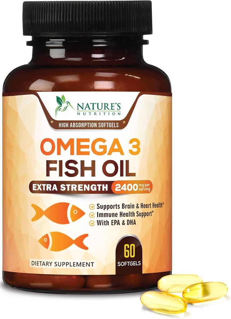 Omega 3 Fish Oil 2400 mg – Triple Strength EPA & DHA Fatty Acids for Heart, Brain & Joint Support – Wild-Caught, Burpless, Lemon Flavor Supplement – Natural, Non-GMO, Gluten-Free – 60 Softgels