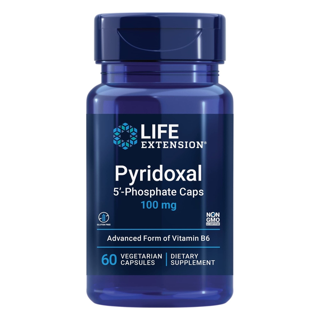 Life Extension Pyridoxal 5'-Phosphate Caps -Vitamin B6, 100 mg, Bioactive B6 for Cardiovascular, Kidney & Nerve Health -Gluten-Free, Non-GMO, Vegetarian -60 Vegetarian Capsules
