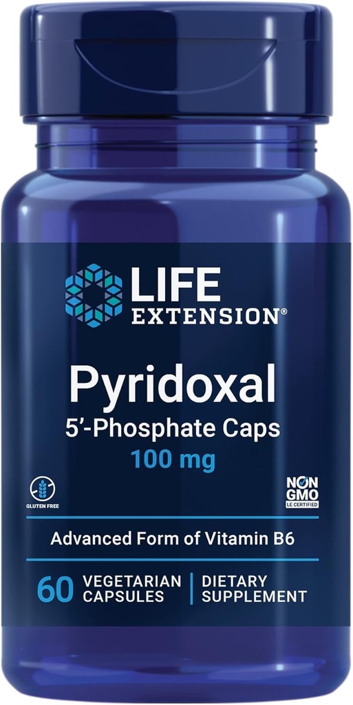 Life Extension Pyridoxal 5'-Phosphate Caps -Vitamin B6, 100 mg, Bioactive B6 for Cardiovascular, Kidney & Nerve Health -Gluten-Free, Non-GMO, Vegetarian -60 Vegetarian Capsules