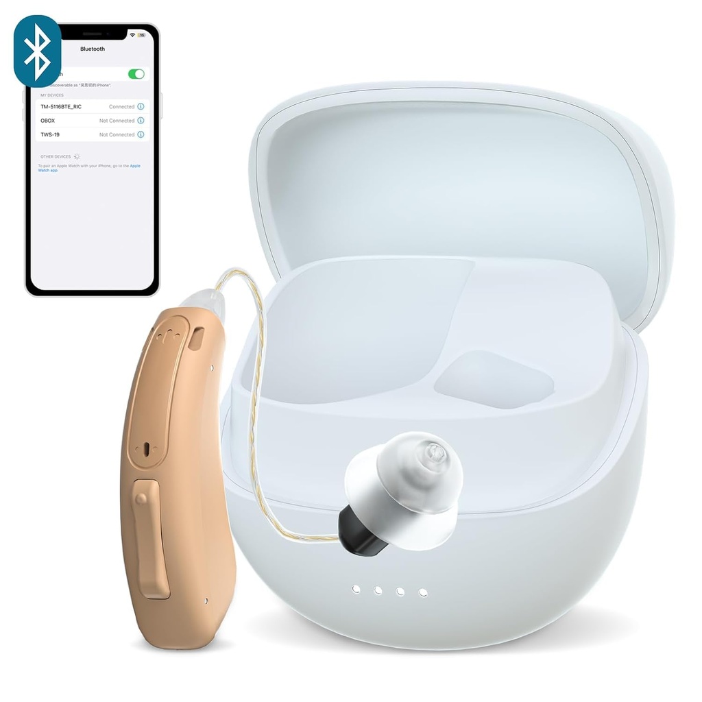 RIC Single Aid for Seniors,CUSTOM FIT Digital Over-The-Counter Device Tinnitus Maskeing Premium İşitme Yardımı Yetişkinler için Çözüm, Neredeyse Invisible Bluetooth Call Enabled,Auto-On, 1pc Left Side