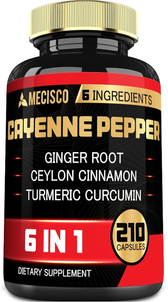 6in1 Κάψουλες εκχύλισμα πιπεριού Cayenne με οργανική ρίζα κουρκουμίνης, μαύρο πιπέρι, και περισσότερα - Σύστημα πέψης υποστήριξης, υγεία της καρδιάς, λειτουργία ανοσίας - 210 κάψουλες