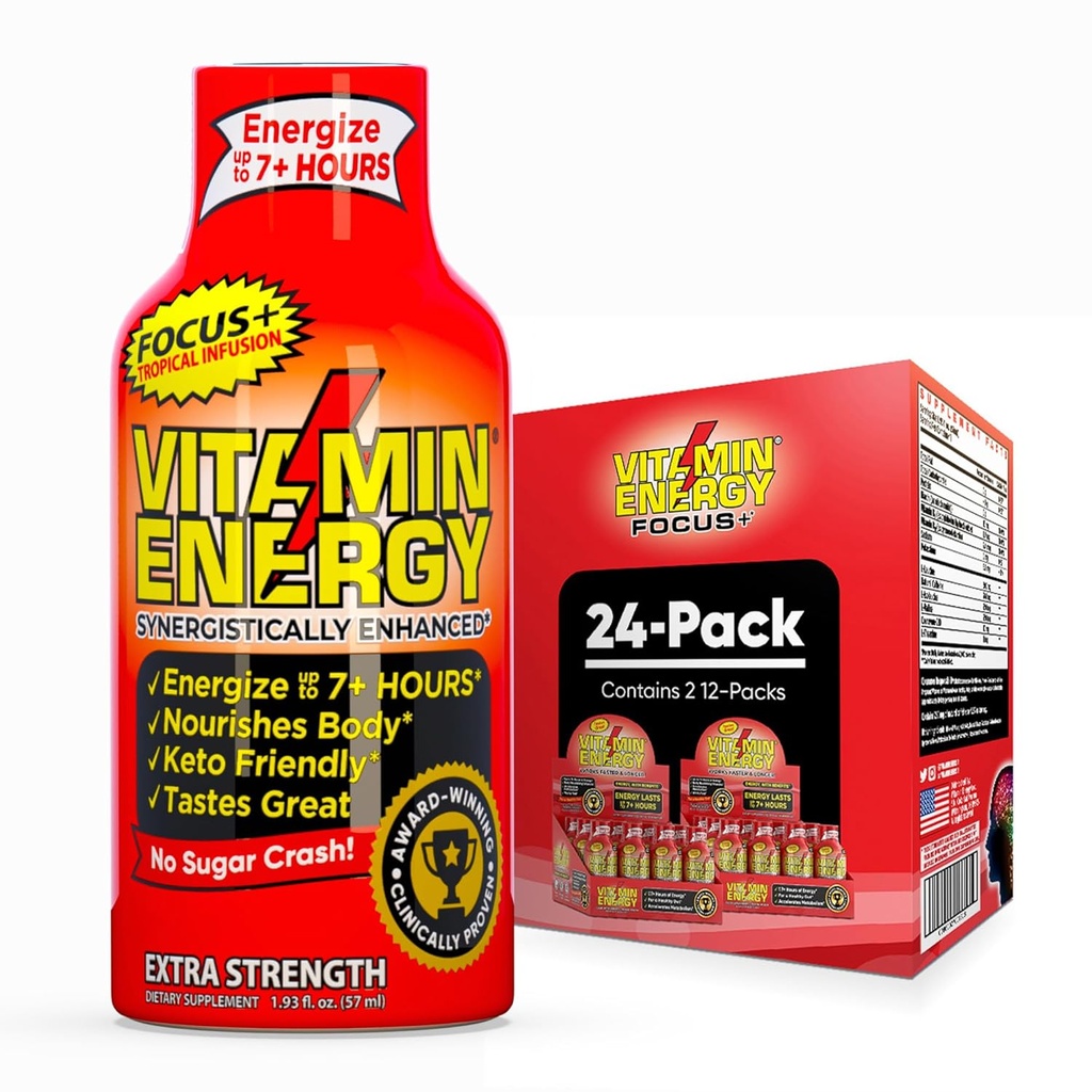 Enerji Focus+ Ekstra Güçlü Enerji Shot Trofüzyon 24 Paketi, 260 mg Doğal Caffeine, B-Vitamins, CoQ10, Amino Asits, Focus, Verimlilik & Clarity, Zero Sugar, Gluten-Free, 1.93 fl oz