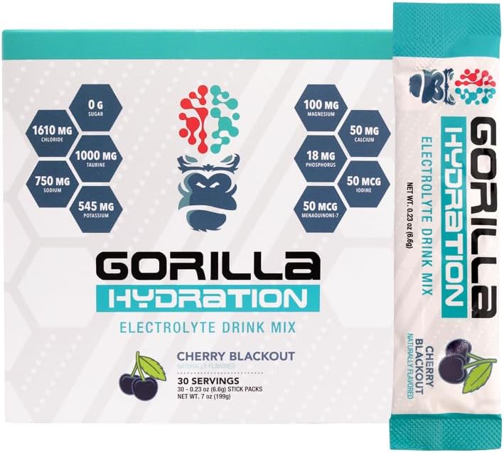 Gorilla Mind Hydration Packets - 3,073 mg Electrolytes On The Go Drink Mix for Comprehensive Replenishment - Zero Sugar, Natural Sweetized & Fasting Friendly - 30 Count (Cherry Blackout)