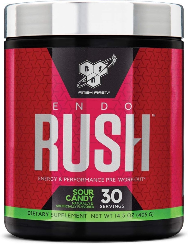 BSN Endorush Pre Workout Powder, Energy Supplement for Men and Women, 300mg καφεΐνης, με Beta-Alanine και Creatine, Sour Candy, 30 Servings, 14.3 Ουγγιά (Pack of 1)