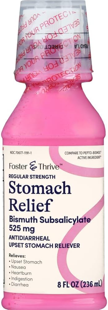 Foster & Thrive Stomach Relief Liquid for Nausea, Heartburn, Indigestion, Upset Stomach, and Diarrhea - 5 Belirtiler için Hızlı Yardım, Antidiarrheal, Bismuth Subsalicylate 525 mg, Original, 8 Oz