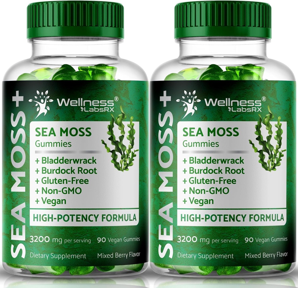 WELLNESS LABSRX Sea Moss Gummies, 3200 mg İrlandalı Deniz Moss Karma Berry En Az Potency Bladderwrack ve Burdock Root - Supports Skin, Energy and Immunity - 180 Count