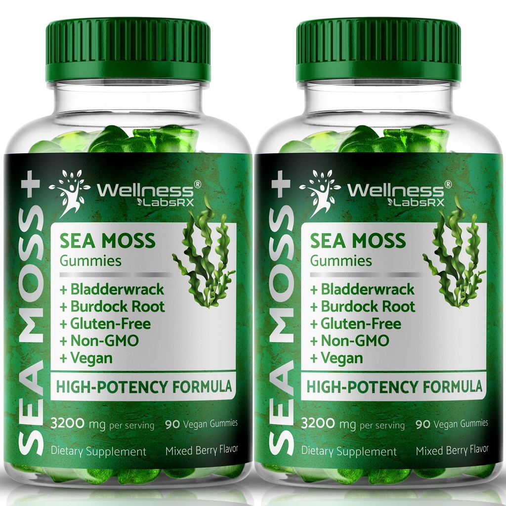 WELNESS LABSRX Sea Moss Gummies, 3200mg Ιρλανδική Θάλασσα Μος μικτή γεύση μούρου με μέγιστη ισχύς Bladerwrack και Burdock Root - Υποστηρίζει το δέρμα, την ενέργεια και την ασυλία - 180 κόμης
