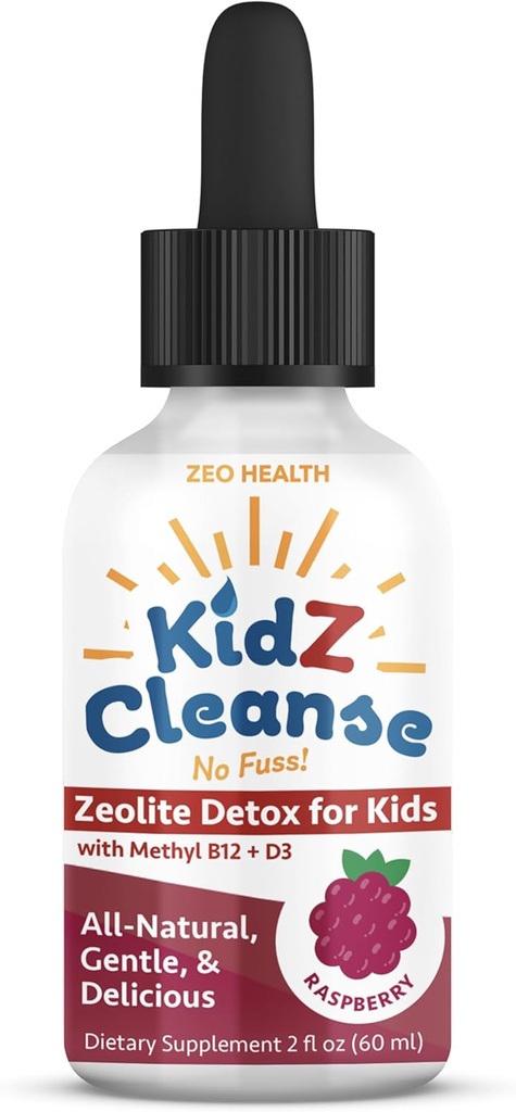 Kidz Cleanse | Zeolite Detox for Kids | Development, Davranış, Enerji ve Gut Health Support Supplement | Easy to Take, Pure Liquid Zeolit Drops + Torch B12 + D3 (Raspberry Flavor) - 2oz