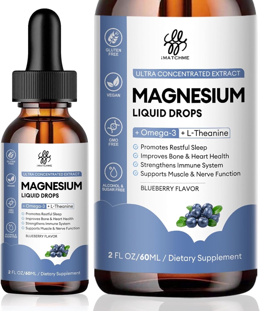Magnesium Glycinate Liquid, Magnesium Complex Supplement with Omega3, L-Theanine and Vitamin for Calm, Sleep Support, Muscle Relief, Non GMO, Blueberry Flavor, 2 Fl Oz