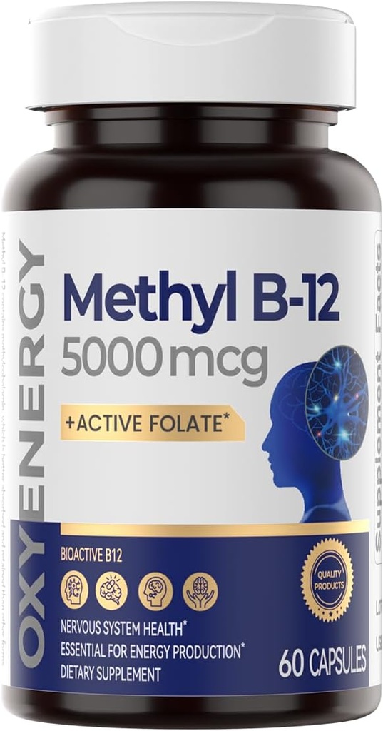 OxyEnergy Metil B12 500006, Ekstra Güçlü Metrik B-12 Supplements with Folate, Support Nerves, Energy Metabolism & Cognitive,60 Capsules