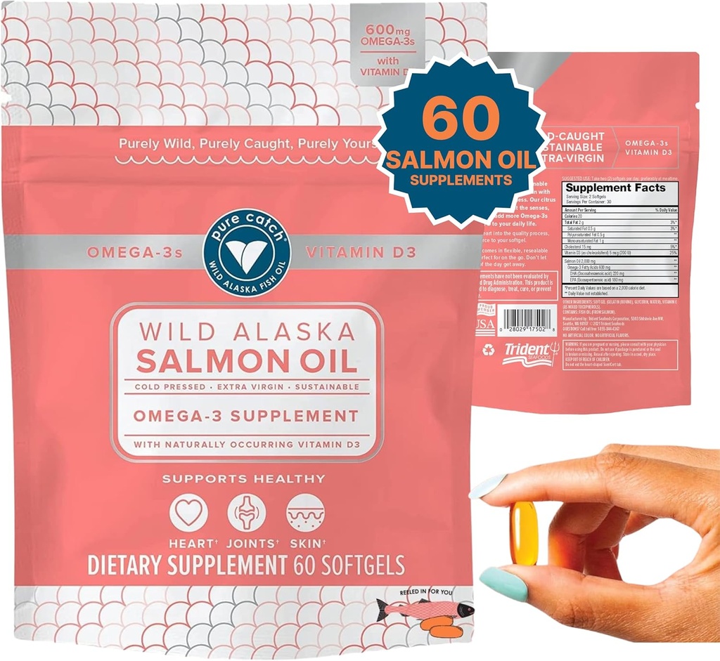 Trident Seafoods Pure Wild Alaskan Fish Oil for Women + Vitamin D3 - Omega-3 Salmon Fish Oil Supplement - EPA ve DHA - 60 Günlük Citrus Soft Gel - Ortak Destek, Cilt ve Kalp Sağlığı