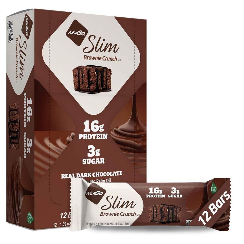 NuGo Slim Dark Chocolate Brownie Crunch, 16g protein Bar, Gluten Free, Non-GMO, Kosher, Keto Friendly, Low Carb, 12