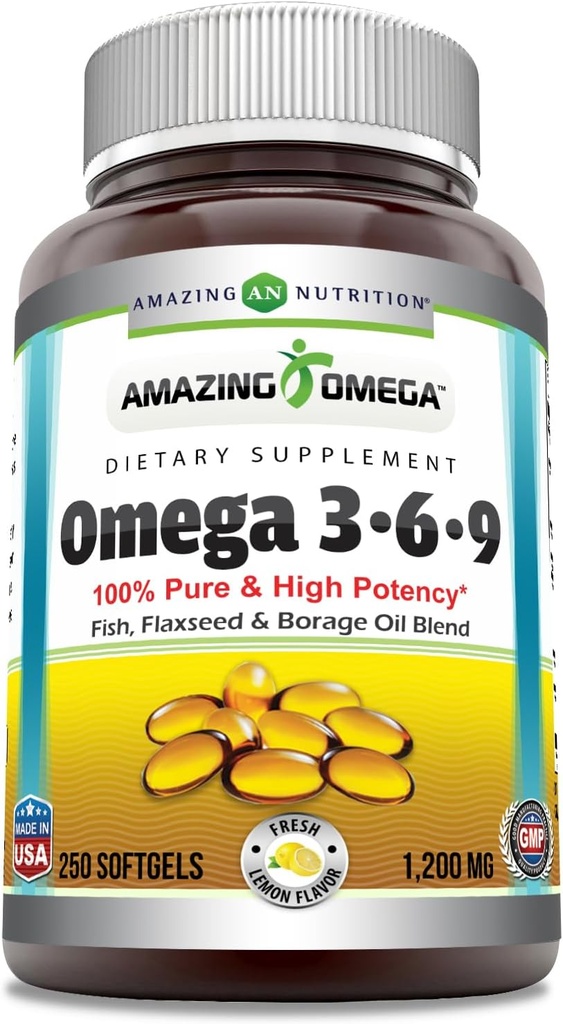 Amazing Omega 3.6.9 Tamam | 1200 Mg | Lemon Flavor | Benzersiz Flaxseed Oil, Borage Oil, Fatty Acids | Non-GMO | Gluten-Free | Made in USA (1 Pack | 250 Softgels)
