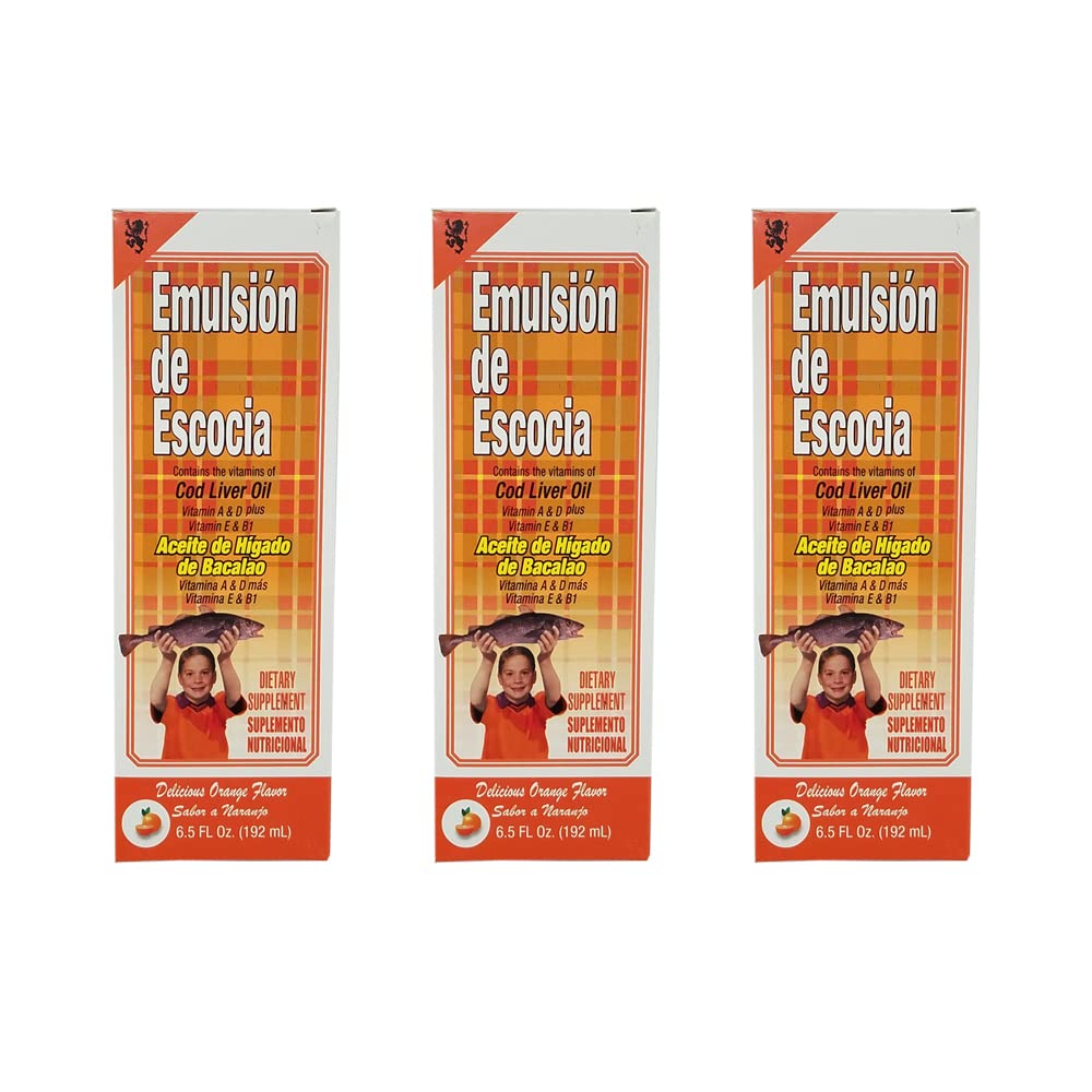 Emulsion de Escocia. Cod Liver Oil Diyetary Supplement. Vitaminler A, D, E ve B1. Orange Flavored. 6.5 Fl.Oz / 192 mL. Paket 3