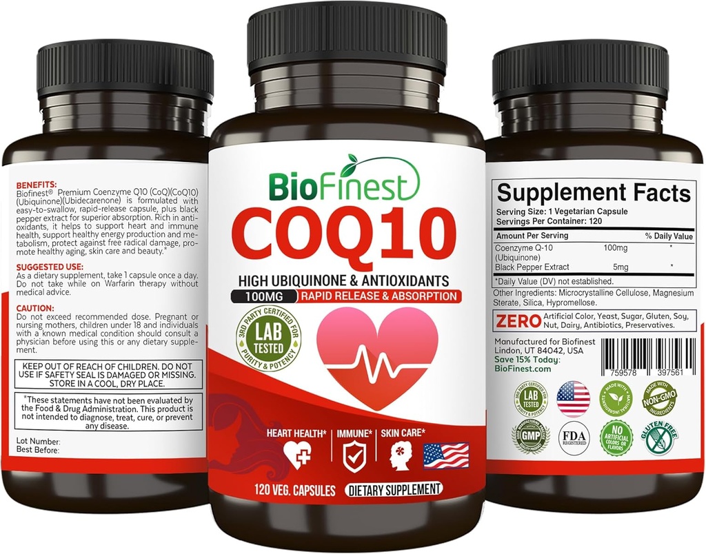 BioFinest CoQ10 Coenzyme Q10 100 mg Supplement - Hızlı Yayın Hızlı Aborpsiyon - Immune Heart Energy Antioksi (120caps)